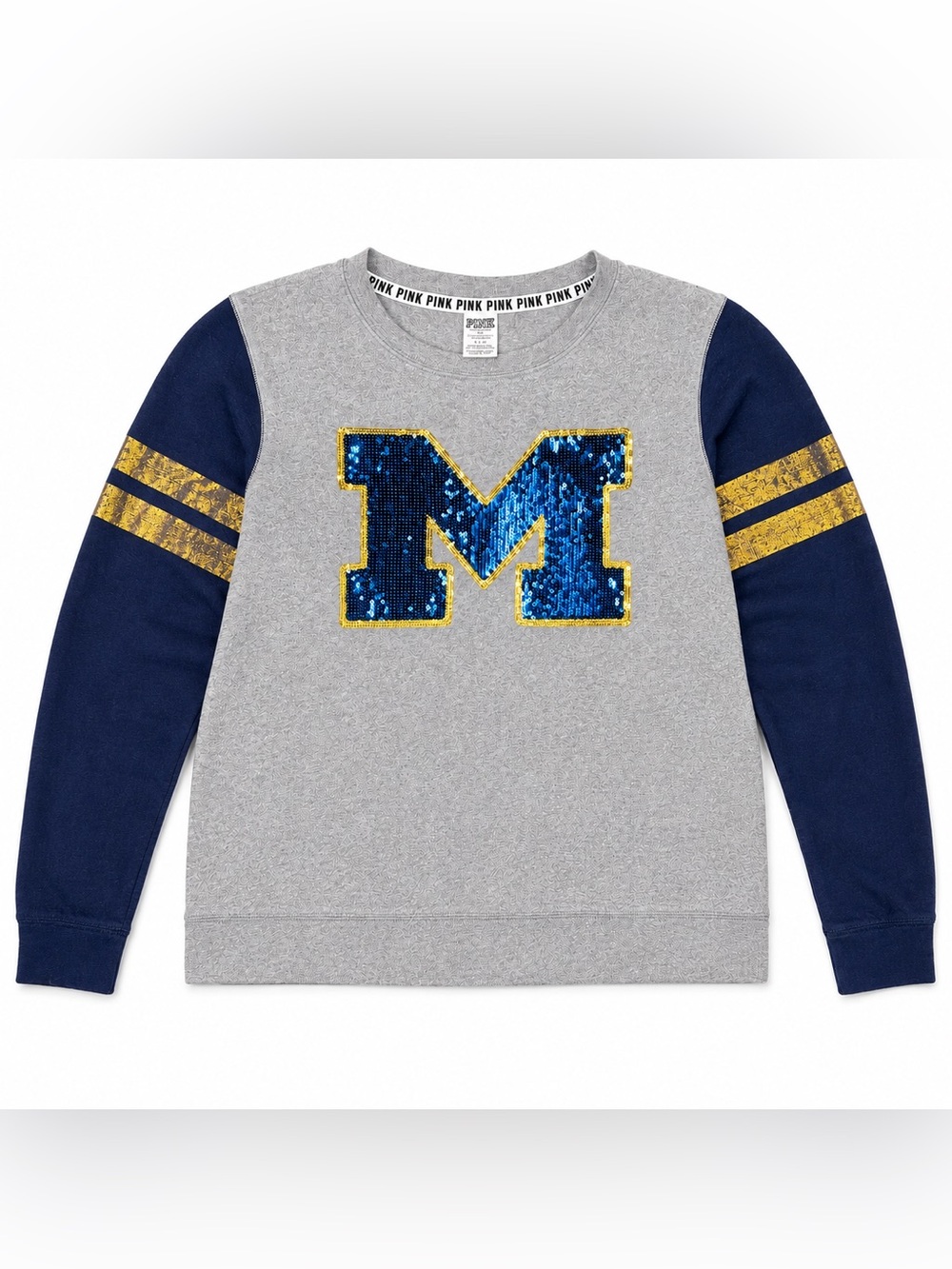 PINK Victoria Secret Michigan M Sequin Sweatshirt Gray Blue Gold Large